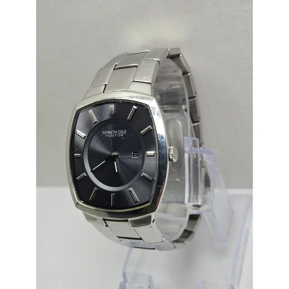 Kenneth Cole Reaction Mens Stainless Steel Blue Dial Date 35mm Watch New Battery